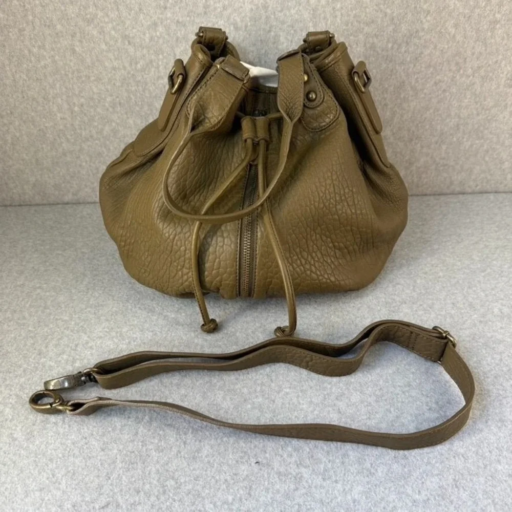 Nordstrom Olive‎ Green Leather Bucket Bag Adjustable Strap Drawstring Close NWT